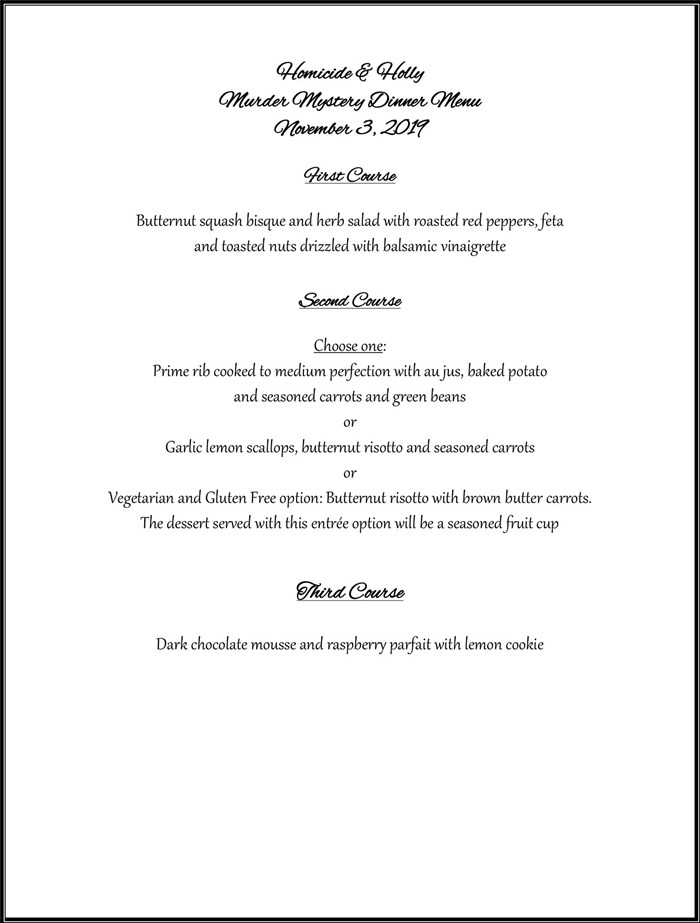 Homicide and Holly Menu